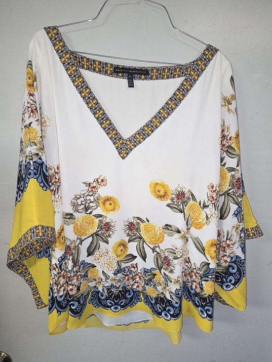 White House Black Market Tops - White House Black Market White Floral V-Neck Tunic with Yellow & Blue Accents